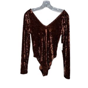 NWT a.n.a Crushed Velvet Burnt Orange Long Sleeve Bodysuit Size Small